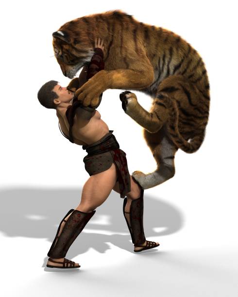 istock 3D Illustration of a Gladiator fighting with a tiger isolated on white background 683572358