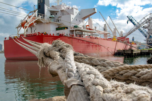 Crude oil tanker during loading operation in the port stock photo
