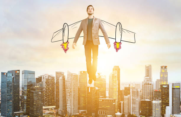 Business man hover over city skyline