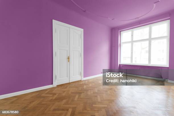 Violet Walls Pink Room Wtith Wooden Floor Stock Photo - Download Image Now - Purple, Bedroom, Ceiling