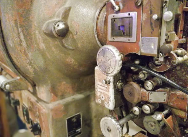 istock Old movie projector at, Metal background 683585996