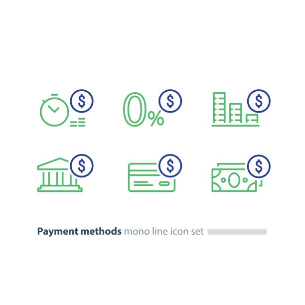 Buy in credit concept, payment installment plan, zero fee offer, line icons Payment methods, financial items set, zero percent commission fee, credit card money transaction, payment installment plan, vector mono line icons bowie seamount stock illustrations