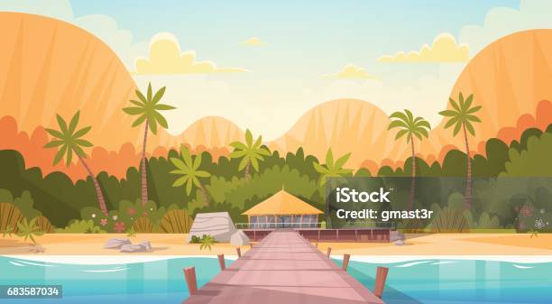 Tropical Beach Mit Bungalow Haus Wasserlandschaft Sommer Urlaub Reisekonzept Stock Vektor Art und mehr Bilder von Insel