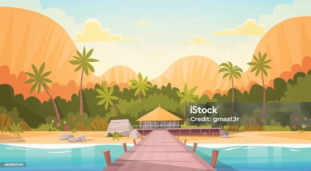 Tropical Beach With Water Bungalow House Landscape, Summer Travel Vacation Concept Tropical Beach With Water Bungalow House Landscape, Summer Travel Vacation Concept Flat Vector Illustration Island stock vector