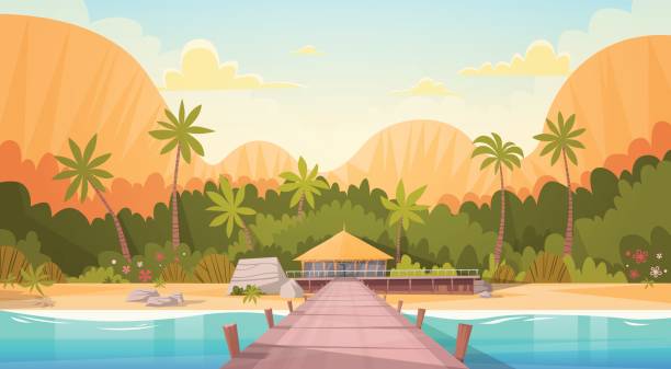 Tropical Beach With Water Bungalow House Landscape, Summer Travel Vacation Concept Tropical Beach With Water Bungalow House Landscape, Summer Travel Vacation Concept Flat Vector Illustration tropical beach and clouds scene stock illustrations