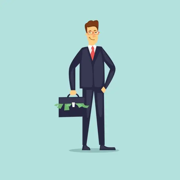 Vector illustration of Businessman with a suitcase of money. Flat vector illustration in cartoon style.