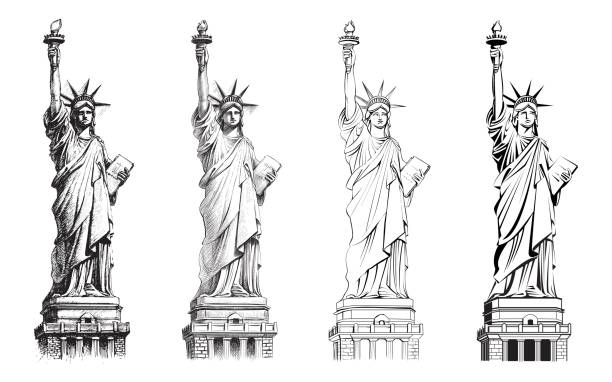 Statue of liberty, vector collection of illustrations. Statue of liberty, vector set. Illustration of various drawing styles. Hand drawn line, realistic ink sketch, outline and flat. New York and USA landmark. American national symbol. statue of liberty statue liberty new york city stock illustrations
