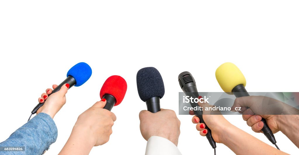 Hands of reporters with many microphones Hands of reporters with many microphones - journalism and broadcasting concept - isolated on white Microphone Stock Photo