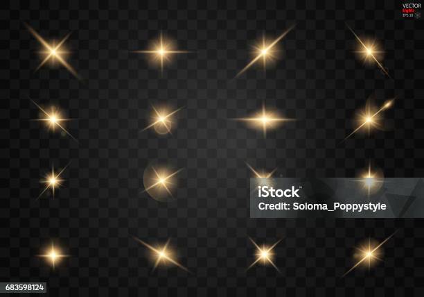 Set Shining Star The Sun Particles And Sparks With A Highlight Effect Golden Bokeh Lights Glitter And Sequins On A Dark Background Transparent Stock Illustration - Download Image Now