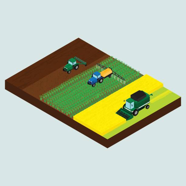 Set of farmer icons Vector illustration. Set of farmer icons. Tractor on the field - plowing, sprinkles, combine harvests wheat. System of plant cultivation. Isometry, 3D. soil sample stock illustrations