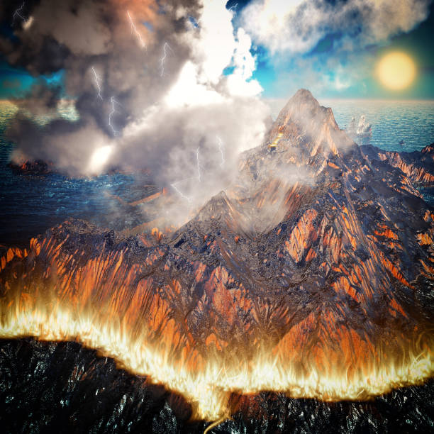 płonąca kaldera wulkanu renderowania 3d - sulphur landscape fumarole heat zdjęcia i obrazy z banku zdjęć