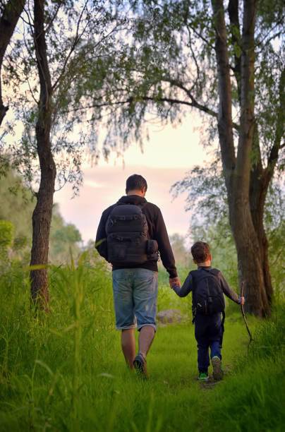 Father and son walking in spring forest stock photo