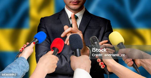 Swedish Candidate Speaks To Reporters Journalism Concept Stock Photo - Download Image Now