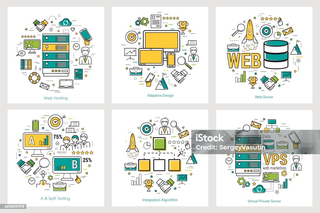 Web development - linear round concepts Vector linear concept of web development. Round banners for web server, virtual storage and adaptive layout technologies Icon Symbol stock vector