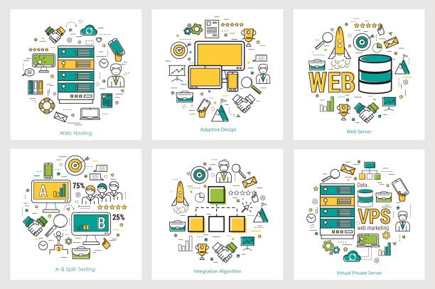 Web development - linear round concepts Vector linear concept of web development. Round banners for web server, virtual storage and adaptive layout technologies most valuable player stock illustrations