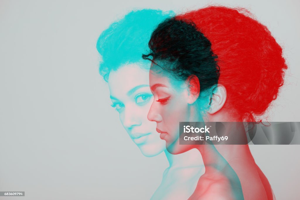 Beauty closeup profile portrait of beautiful woman Double Color Exposure Effect of Beauty closeup profile portrait of beautiful mixed race caucasian - african american woman Multiple Exposure Stock Photo