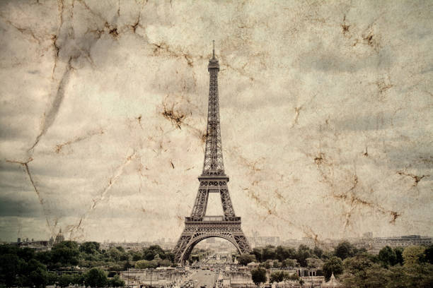 istock Eiffel Tower in Paris. Vintage view background. Tour Eiffel old retro style photo with cracks crumpled paper. Postcard style. 683612396