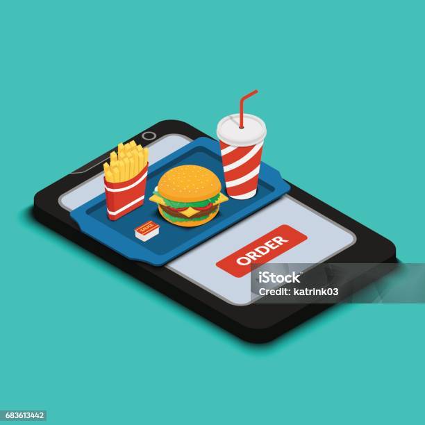 Tray With Burger French Fries And A Drink On The Smartphone Scr Stock Illustration - Download Image Now