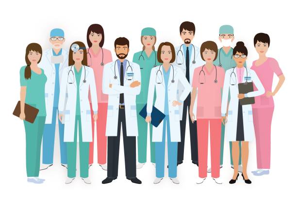 Group of doctors and nurses standing together in different poses. Medical people. Hospital staff. Group of doctors and nurses standing together in different poses. Medical people. Hospital staff. Flat style vector illustration. doctors bag stock illustrations