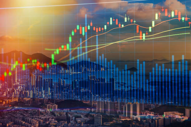 börse-konzept mit stadtbild hintergrund, immobilien-konzept. - nasdaq financial occupation chart trader stock-fotos und bilder