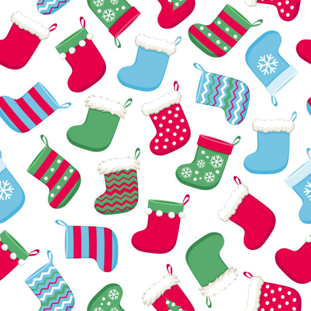 Colorful christmas socks seamless pattern Colorful christmas socks vector seamless pattern. New Year seasonal background. Good for holidays greeting poster banner advertising design. christmas stocking background stock illustrations