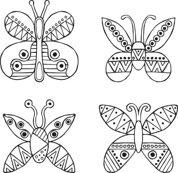 Vector illustration of Set of vector hand drawn decorative stylized childish butterflies. Doodle style, graphic illustration. Ornamental cute hand drawing in black, white colors. Series of doodle, cartoon, sketch