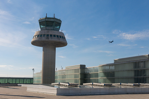 Control tower in Barcelona Airport, Catalonia, Spain.  The Prat-Barcelona International Airport is the busiest airport in Spain