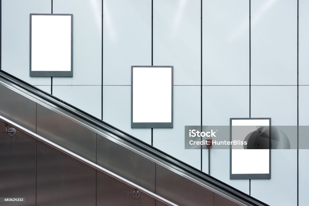 Blank Escalator Subway Advertisements Three Copyspace White Isolated Interior Urban Escalator Stock Photo