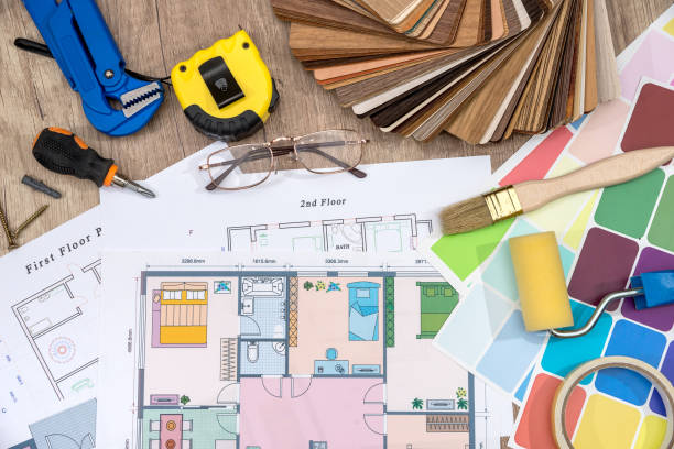 istock design concept with material laminate  sample and house plan blueprints. 683628418