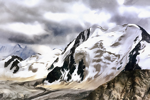 Colorful mountain scape painting with snowy rocks and cloudy sky