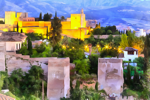 Colorful painting of Alhambra palace Granada Andalusia Spain