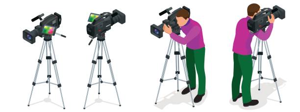 ilustrações de stock, clip art, desenhos animados e ícones de professional digital video camera and cameraman. flat 3d isometric illustration for infographics and design. camcorders and equipment. - ideogram