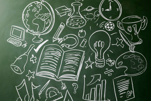 istock Hand drawn symbols of school subjects on a chalkboard 683632394