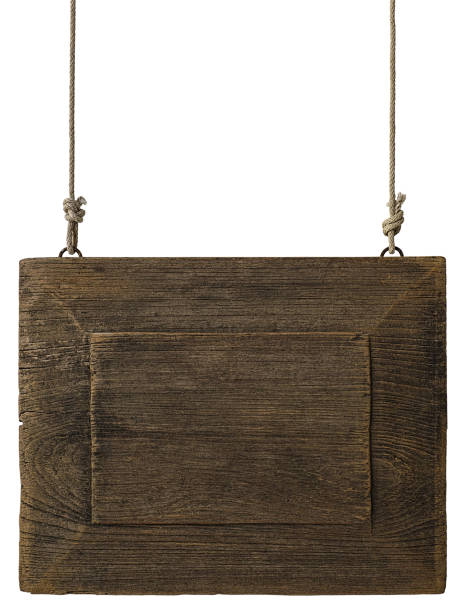 istock Old weathered worn natural wooden framed panel, hanging by old rope isolated on white, clipping path included. 683638782