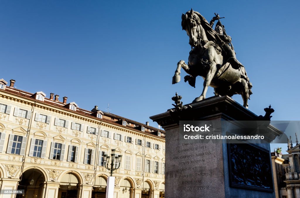 Turin, Piazza San Carlo Piazza San Carlo, one of the main squares of Turin (Italy) with the equestrian monument of king Emanuele Filiberto Saint Charles - Missouri Stock Photo