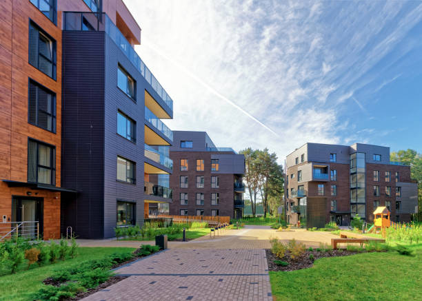 istock Benches at Modern european complex of apartment buildings 683638930
