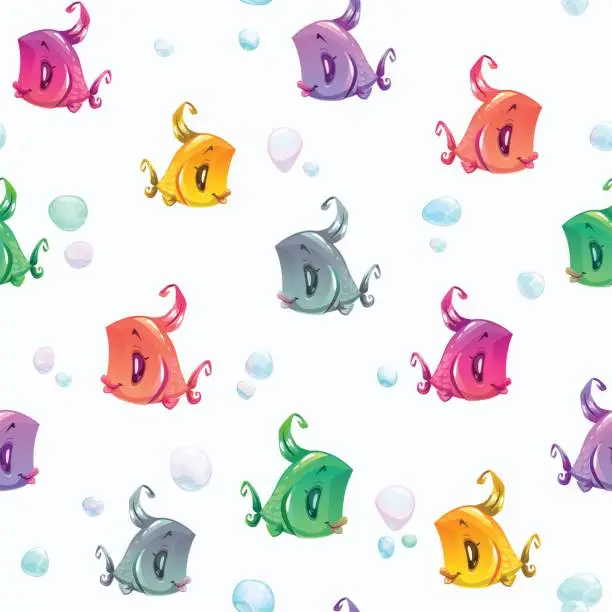 Vector illustration of Seamless pattern with cute colorful cartoon fishes
