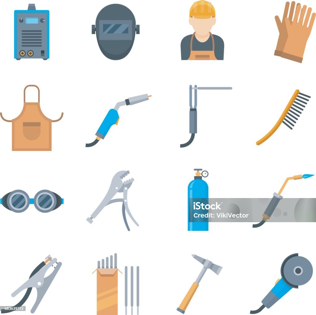 Welding icons in a flat style Welding icons in a flat style. Vector set of equipment and tools for the welder. Protective equipment during welding isolated on white background. Welder stock vector