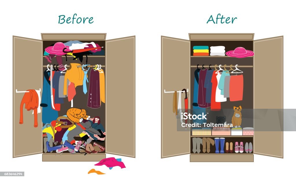 Avant mal entretenues et après garde-robe bien rangé. Salissants vêtements jetés sur une étagère et joliment disposés vêtements en tas et les boîtes. - clipart vectoriel de Armoire à vêtements libre de droits