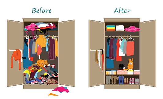 Before untidy and after tidy wardrobe. Messy clothes thrown on a shelf and after decluttering, when most of clothing is carefully folded in shoeboxes and nicely arranged. Flat design vector illustration. Cleaning and organizing after Marie Kondo method