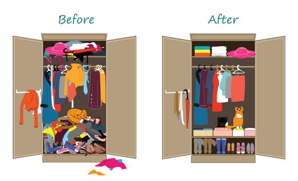 Before untidy and after tidy wardrobe. Messy clothes thrown on a shelf and nicely arranged clothes in piles and boxes. Before untidy and after tidy wardrobe. Messy clothes thrown on a shelf and after decluttering, when most of clothing is carefully folded in shoeboxes and nicely arranged. Flat design vector illustration. Cleaning and organizing after Marie Kondo method tidy room stock illustrations