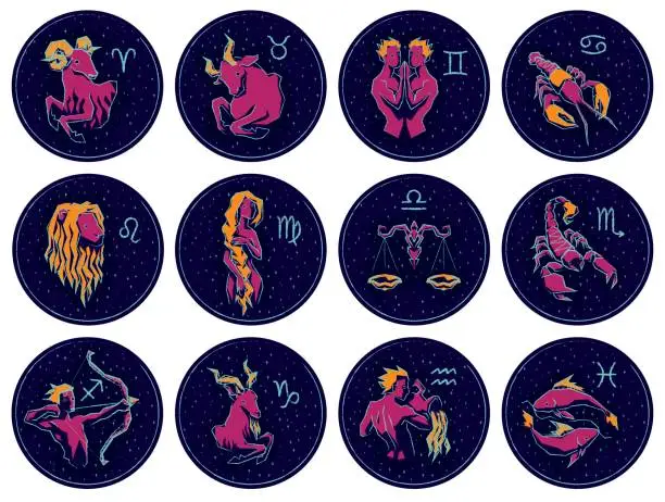 Vector illustration of Vector illustration of Zodiac Signs on Night Starry Sky Background.