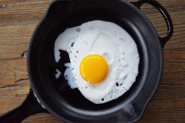 Fried egg in iron pan, sunny side up, on wooden table.