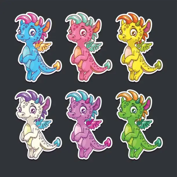 Vector illustration of Funny colorful dragon stickers set