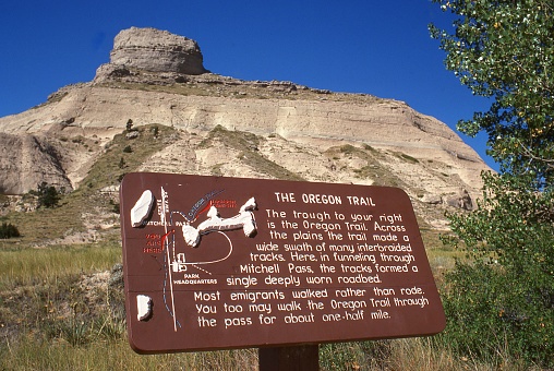 Historic sign near Scotts Bluff along the famous Oregon Trail Scottsbluff Nebraska