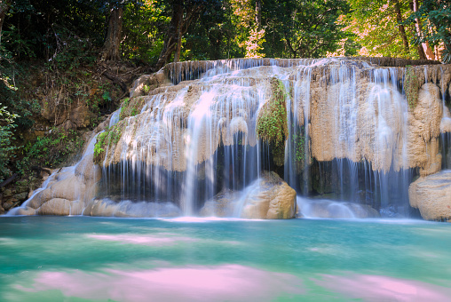 second level of Erawan Waterfall in Erawan national park in Kanchanaburi, Thailand : one of the most famous place for holidays and relaxing