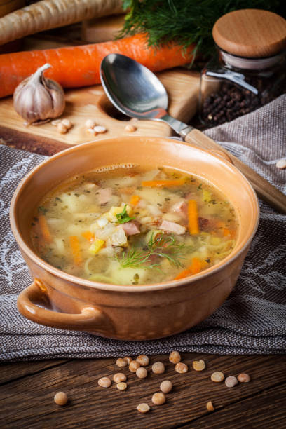 istock Pea soup with vegetables and bacon. 683675076