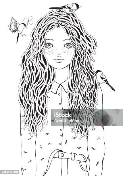 Cute Girl In A Shirt The Birds Are Flying Coloring Book Page For Adult Black And White Doodle Style Stock Illustration - Download Image Now