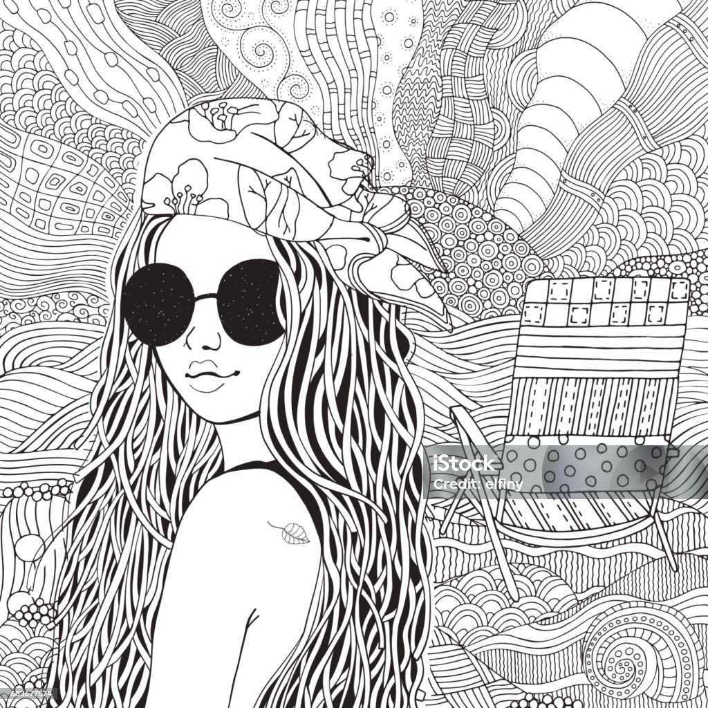 Young beautiful girl in sunglasses and bandana. Black and white doodle coloring book Young beautiful girl in sunglasses and bandana. Deckchair on a beach, facing out to sea. Doodle style. Black and white doodle coloring book page for adult and children. Boho stock vector