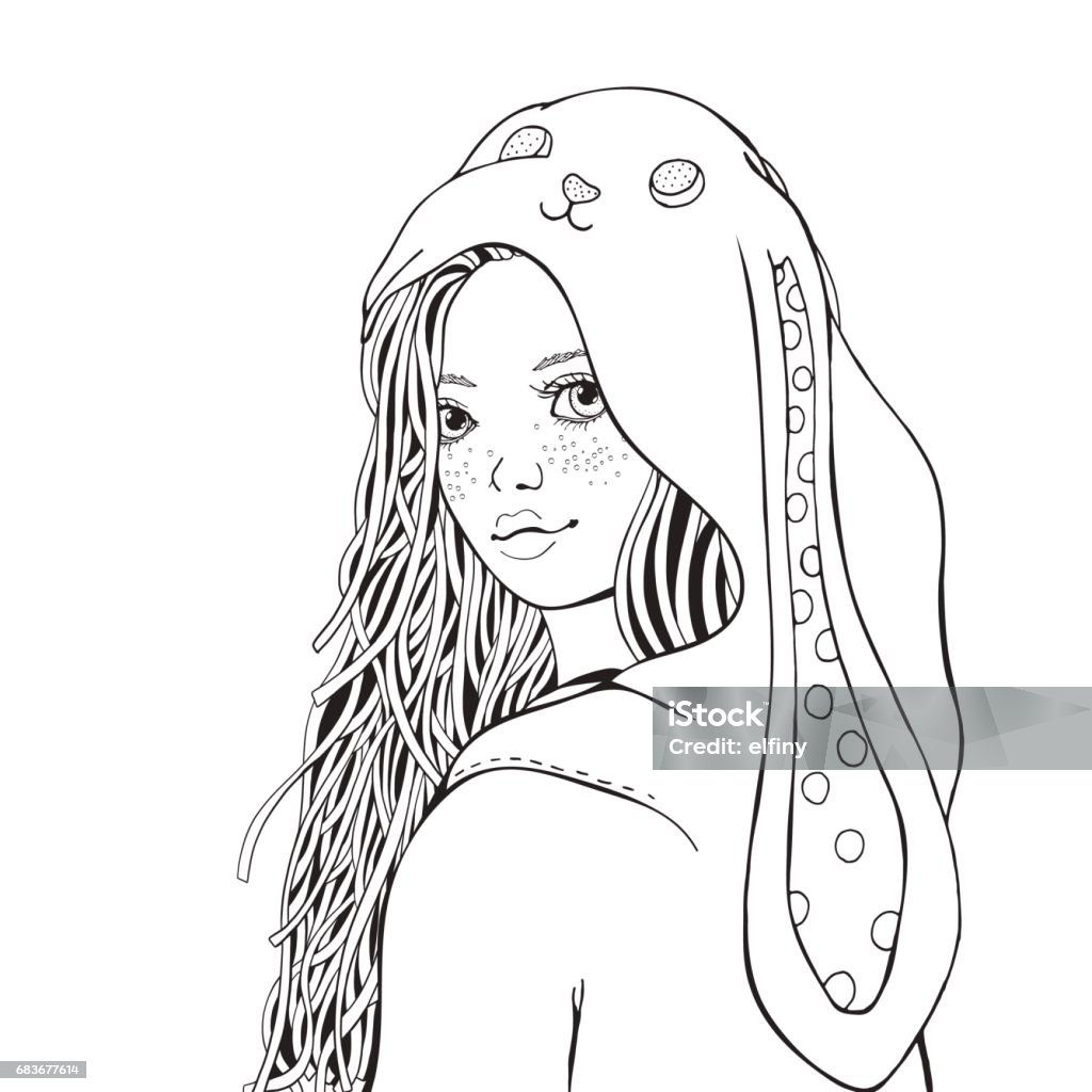 Cute girl in bunny costume. Coloring book page for adult. Cute girl in bunny costume. Coloring book page for adult. Black and white. Doodle style. A4 size Coloring stock vector